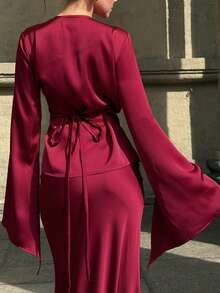两件套女士优雅纯色长袖上衣和裙子套装 春季 - 紅色 - 查看 3