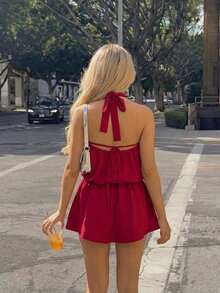 2026新款女士纯色露背吊带无袖褶皱短款休闲优雅蝴蝶结连衣裙，适合音乐会、街头风、优雅场合、派对等夏季穿着。 - 紅色 - 查看 5