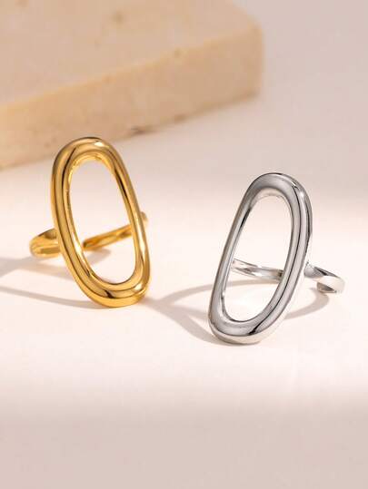 1pc Minimalist Elegant Versatile Geometric Hollow Elliptical Open Ring, Plated Stainless Steel, Suitable For Women's Daily, Party, And Date Wear