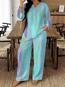 1 Set Retro Woven Small V-Neck Long-Sleeve Wide-Leg Pants Women's Plus Size Set For Summer Home & Birthday Gift, With Cyan-Blue-Purple Gradient Gold Line Splash - 彩色 - 查看 1
