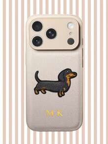 Personalized Litchi Pattern Embroidered Puppy Faux Leather Phone Case, 3D DIY Engraved Letters Initials Name Soft Leather Cover Compatible With 17 16 15 14 13 12 11 Pro Max, Full Camera Protection Anti-Drop Case, Couple Phone Case - Multicolor - View 4