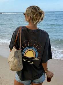 夏季新款简约时尚银灰色太阳印花休闲圆领短袖T恤，百搭且适合女性穿着 - 深灰色 - 查看 7