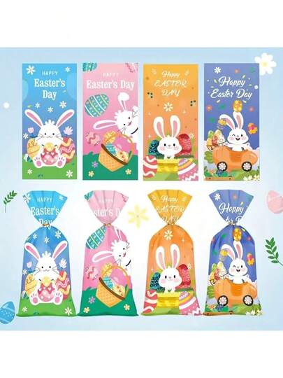 50pcs Easter Transparent Flat Gift Bags, Easter Party Favor Bags With Rabbit, Eggs, Chicks, Flowers And Butterflies Prints, 5-In-1 Assorted, Reusable For Easter Celebration, Party And Family Gathering