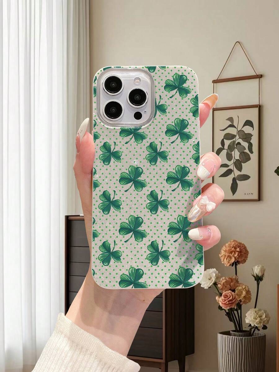 1个时尚新款米色IMD闪光手机壳，植物三叶草波点图案防震保护套，兼容 17/16/15/14/13/12/11，传音系列 - 米色 - 查看 1