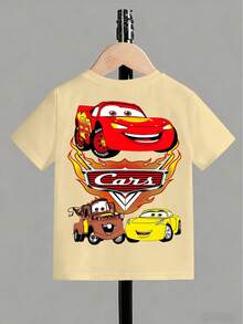 Disney Black Background Cars Lightning McQueen And Friends Flame Print Front And Back Design Kids' Short Sleeve T-Shirt - Playful And Cool Racing Style Top - Màu be - Xem 3