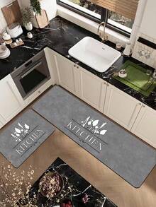 【热销！！！】1 件装软橡胶厨房地垫，3.5 毫米厚，简约厨房风格，灰色大理石纹底，饰以卡通白色餐具和英文字母图案，吸水性强，可裁剪以适应不同厨房尺寸，表面为织物材质，中间层为海绵层，底部为橡胶层，适用于厨房地毯、厨房装饰、婚礼装饰、家居装饰、浴室地垫、玄关地垫、洗衣房地垫、走廊地毯、客厅地垫等。 - 彩色 - 查看 9