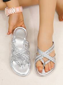 2026新款夏季时尚舒适金属亮片编织人字拖 - 銀色 - 查看 5