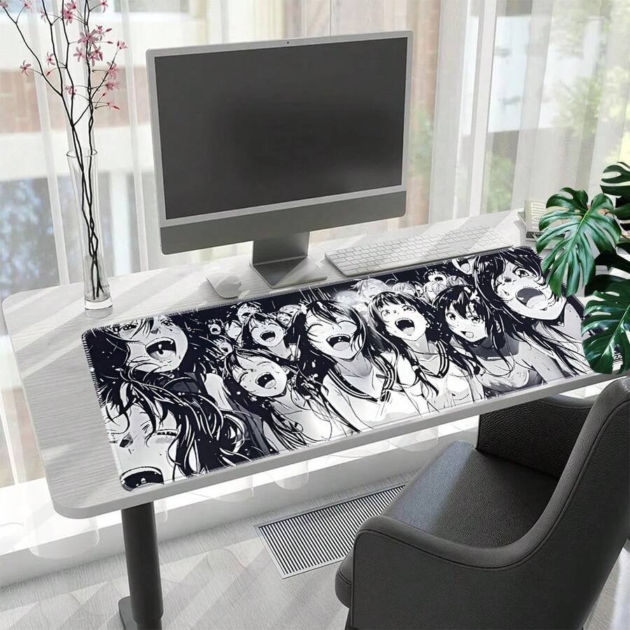 1 件装动漫人群欢呼游戏鼠标垫，黑白卡通艺术超大桌面垫，防滑橡胶底座防水键盘垫，完美适用于电脑游戏、办公、家庭使用 - 查看 1