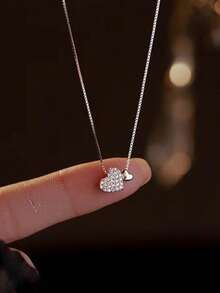 1 Zirconia Double Heart Necklace For Women, Light Luxury, Simple, Sweet, Niche, High-End, Collarbone Chain - Silver - View 3