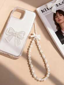 Bow Element 乳白色缎面蝴蝶结条纹珍珠串珠手机挂绳 1 件装 精致少女手腕链包饰 春季礼物 生日礼物 - 彩色 - 查看 7