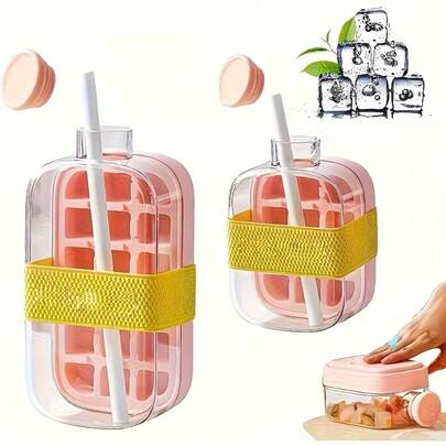 1个二合一水瓶兼制冰盒，带非接触式盖子和按压式冷冻系统 - 快速制冰器，适用于威士忌、冷冻储存、冰箱整理和塑料冰块。是派对、酒吧、家庭厨房用品和户外露营的理想之选。