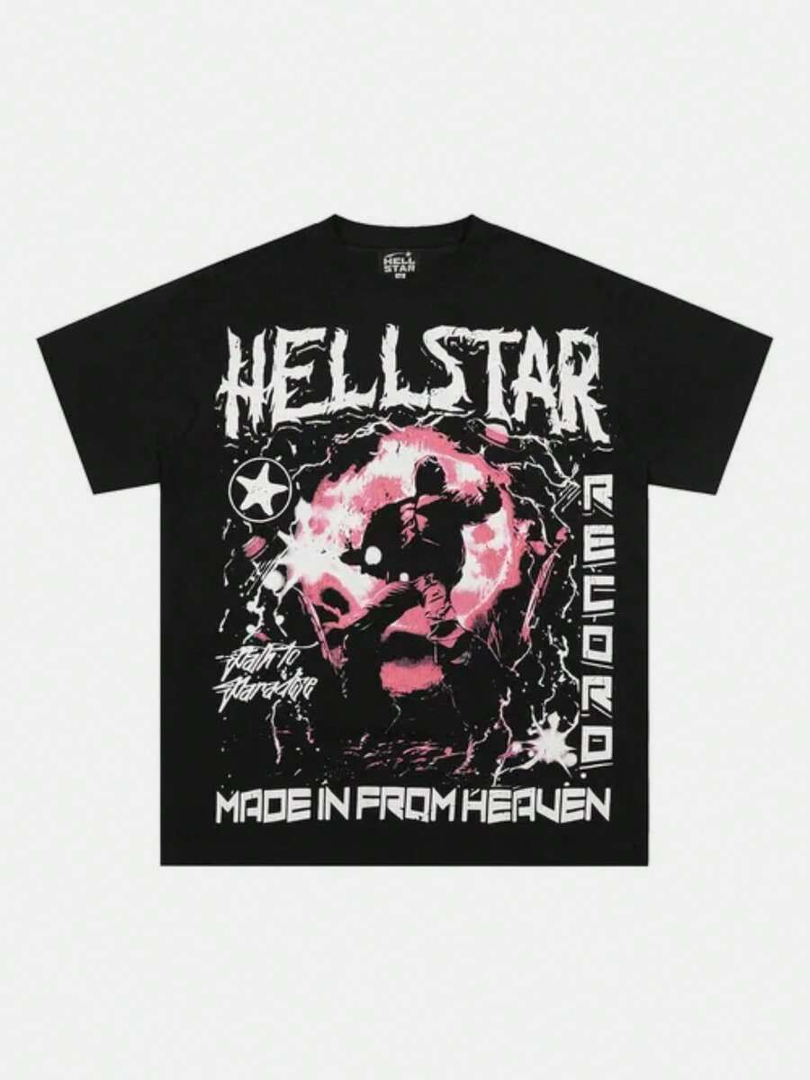 Hellstars Path To Paradise Pink Explosion Y2K Graphic T-Shirt,220g 100% Cotton,Round Neck Short Sleeve,Black Streetwear Essential For Summer Going Out,Unisex Style - Black - View 1