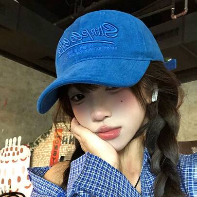 1顶全新复古字母刺绣蓝色棒球帽，宽帽檐，适合大头围，韩式防晒鸭舌帽