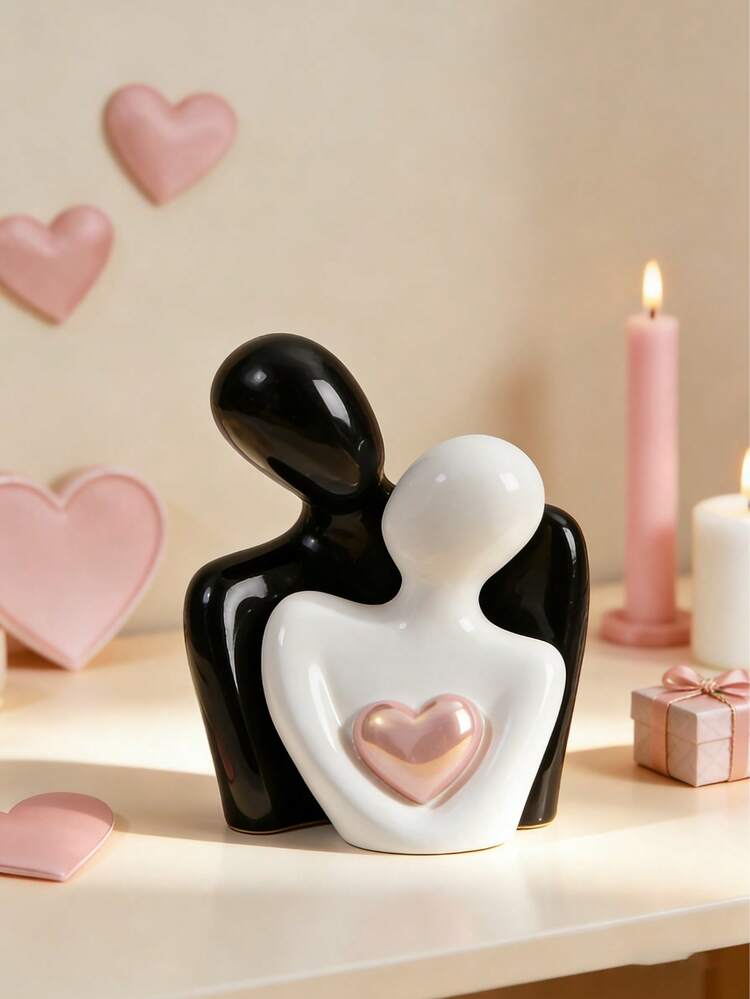 1pc Romantic Heart Couple Resin Statue - Black White Abstract Lovers Figurine With Pink Heart | Valentine's Day Home Decor For Living Room Shelf, Bedroom Dresser, Coffee Table | Aesthetic Desktop Ornament, Wedding Anniversary Gift, Modern Art Sculpture For Entryway, Sweet Home Accent Piece - A - View 3