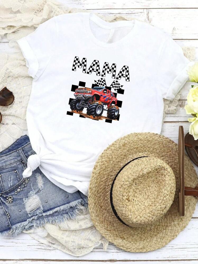 Women T-Shirt Print Monster Truck Mama T Shirt Jam Family Birthday Party Boy New Mom Baby Shower - 白色 - 查看 1