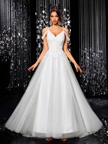 A-Line Lace Beaded Tulle Wedding Dress, Spaghetti Strap Formal Evening Gown - White - View 5