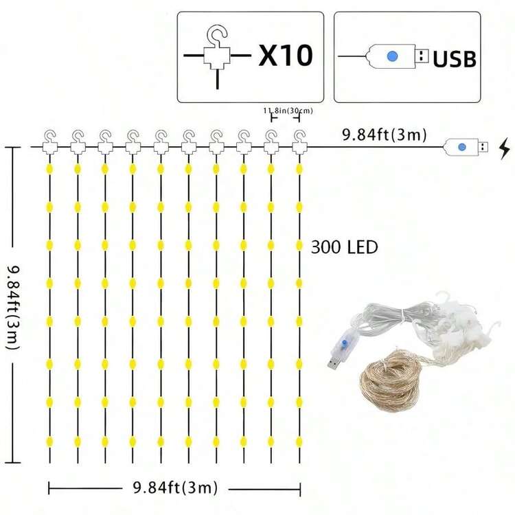 3米 x 3米 300颗LED灯串，8种模式，USB供电，适用于室内/室外、房间、墙壁、婚礼、派对、圣诞装饰 - 彩色 - 查看 9