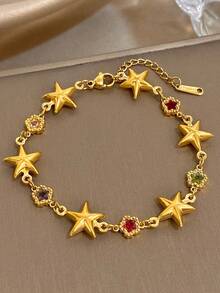 1Pc 18K Gold Plated Stainless Steel Luxury Vintage Multi-Gem Dreamy Star Bracelet For Women, Elegant Mom Gift Christmas Carnival Winter Jewelry Wedding Rave/Prom/Party/Daily Accessories Gift For Anniversary Valentine's Day Boho Jewelry Birthday Bridesmaid Gifts - Multicolor - View 1