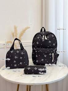 Nueva mochila con estampado de moño, adecuada para estudiantes de primaria, secundaria y preparatoria, bolsa para laptop - Negro - Ver 11