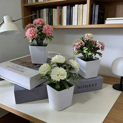 5 Pieces Silk Carnation Square Potted Bonsai, Artificial Green Plant Decor Suitable For Home And Office Desk