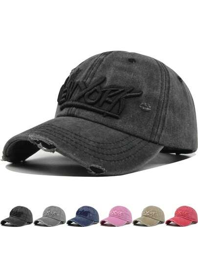 1 pieza Gorra de béisbol con bordado 3D de Nueva York, unisex, lavado desgastado, talla ajustable, sombrero de ala curva de unicolor casual y de moda
