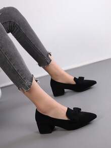 New Spring/Autumn Casual Versatile Women Shoes, Pointed Toe Thick Heel Soft Sole Bowknot Black Pumps,Elegant,Loafers - Black - View 4