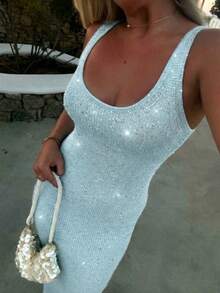 Vivid Style 女装，百搭时尚，适合海滩度假、派对、生日、优雅假日、性感休闲、修身显瘦的亮片紧身无袖针织蓝色连衣裙，约会装扮，夏季长裙 - 薄荷藍 - 查看 3
