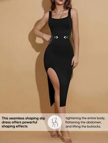 Suprenx Square Neck Backless Ruched Slit Fitted Mid-Length Casual Dress - Black - View 4