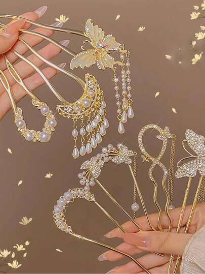 Kẹp tóc đính ngọc trai hình hoa, kẹp tóc búi tối giản kiểu Trung Quốc mới, phụ kiện tóc cho trang phục Hanfu và vũ công.