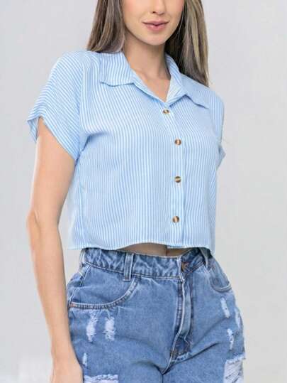 Blusa Camisa Feminina Listrada Botões Viscose Melhor Qualidade