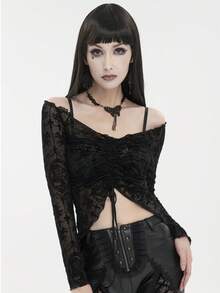 Devil fashion Blusa de encaje con hombros descubiertos y cordón, camiseta interior transparente de manga larga con estampado de cruz y rosa en estilo gótico - Negro - Ver 1