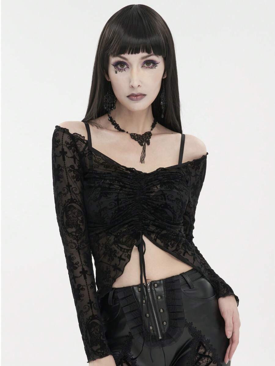 Devil fashion Blusa de encaje con hombros descubiertos y cordón, camiseta interior transparente de manga larga con estampado de cruz y rosa en estilo gótico - Negro - Ver 1