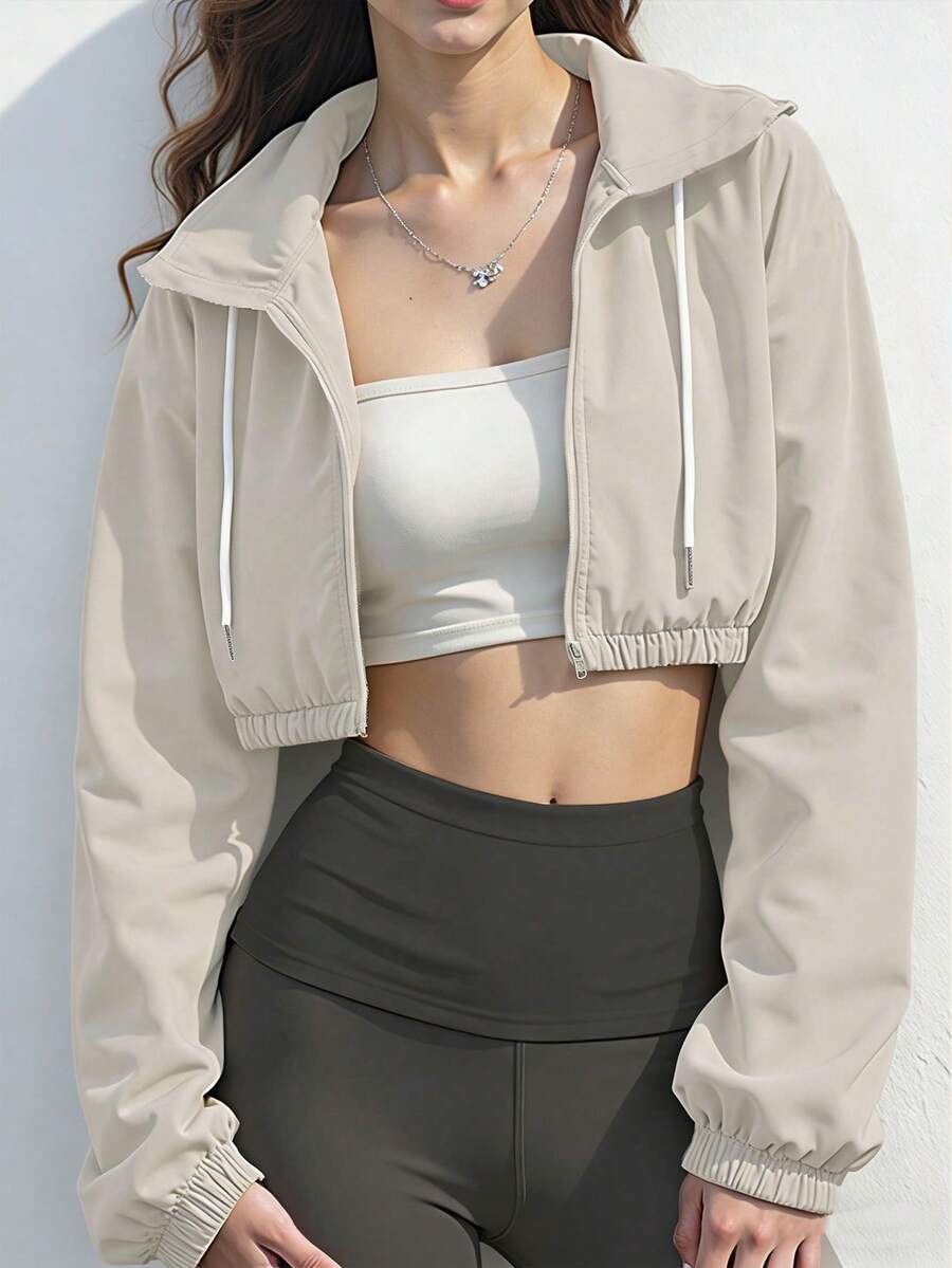 Women's Autumn/Winter Sports Jacket, Black Drawstring Short Hooded Windbreaker, Suitable For Outdoor Exercise, Gym, Running, Sports And Leisure Spring - Apricot - View 1