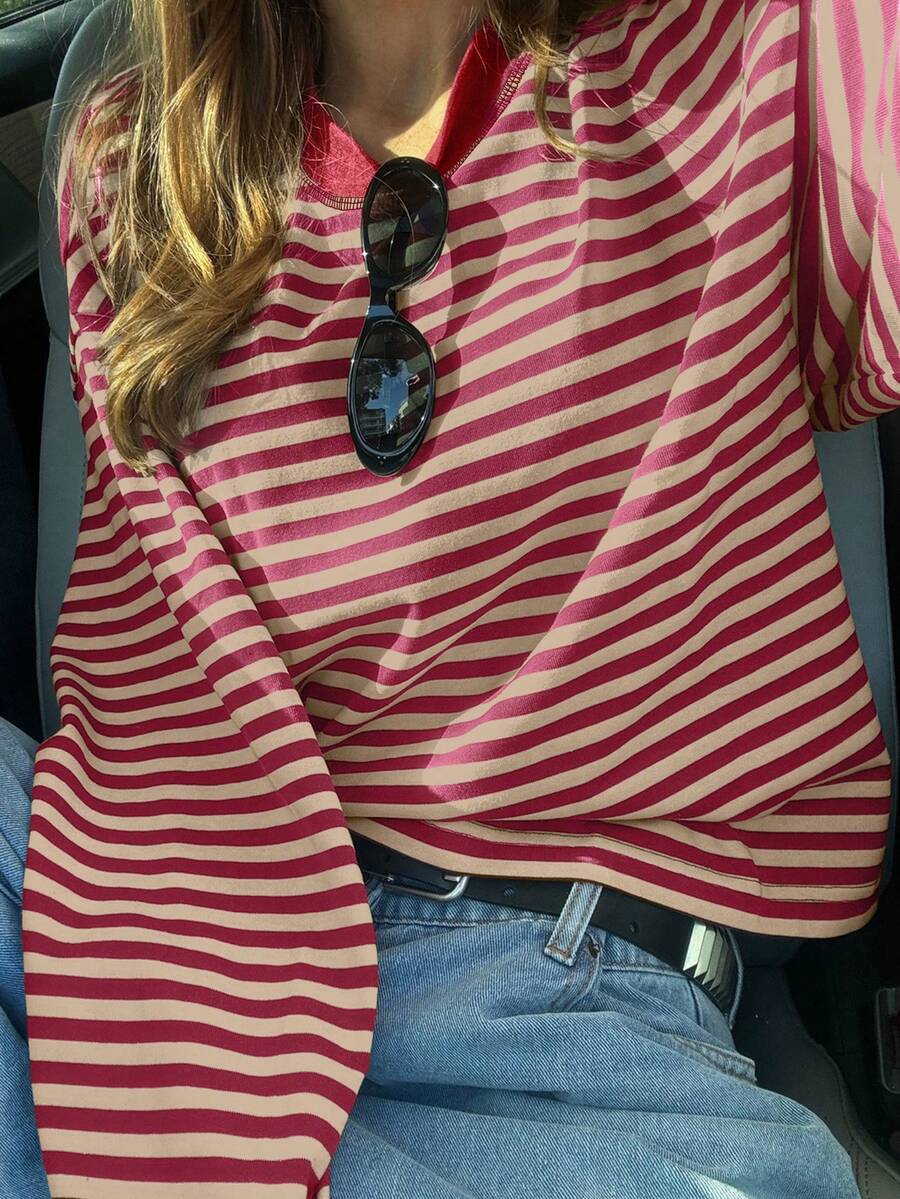 Women's Round Neck Drop Shoulder Long Sleeve Striped Contrast Ribbed Casual T-Shirt Spring