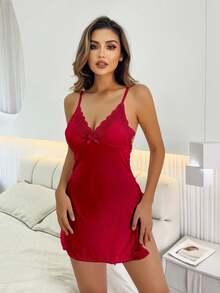 Black Lace Spaghetti Strap Nightgown With Side Slit & Bow Detail - Đỏ - Xem 2