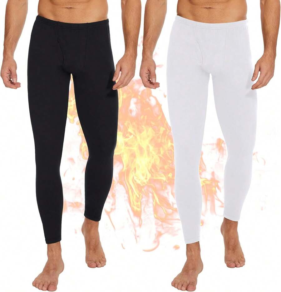 2-Pack Thermal Underwear Pants For Men, Fleece Lined For Cold Weather - 04 - 黑/白 - 查看 1