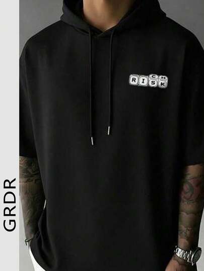 GRDR 1件男士印花连帽短袖休闲运动T恤