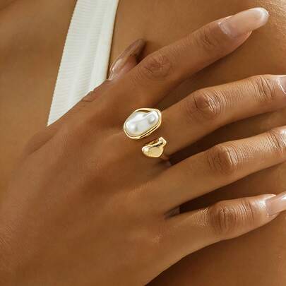 1pc Fashionable Minimalist Asymmetrical Pearl Ring, Vintage Elegant Women's Open Ring, Suitable For Daily, Vacation, Date, Holiday Wear, Jewelry Gift For Her