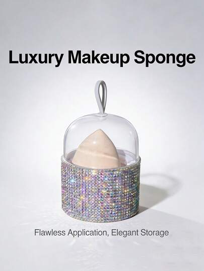 1pc Rhinestone Decorated Makeup Sponge Storage Box, Luxury Rhinestone Dust-Proof Desktop Makeup Pad Swabs Organizer