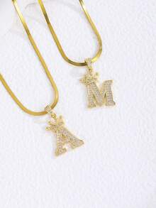 1pc Fashionable Gold-Plated Copper Cubic Zirconia Letter Pendant Necklace, Suitable For Party Decoration, Accessory Gift For Friends And Family - Gold - View 5