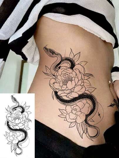 1pc Snake & Floral Pattern Temporary Tattoo, Waterproof, Realistic Tattoo Appearance, Suitable For Women, Can Cover Scars And Wounds, Lasts 7-14 Days
