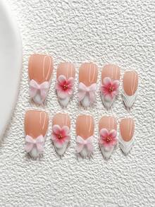 10Pcs Warm Spring Day Style Polygel Nail Set,Acrylic Press-On Nails,Light Pink 3D Bow Nail Art Accessories,Hand-Pinched Five-Petaled Gradient Pink Flower,White Nail Polish,Great Gift For Ladies And Girls Press On Nails,Comes With Nail Tools(1 Sheets Jelly Stickers+1PC Nail File)3 Sizes Available,Almond Nails, Duck Nails,Coffin Nails - 彩色 - 查看 14
