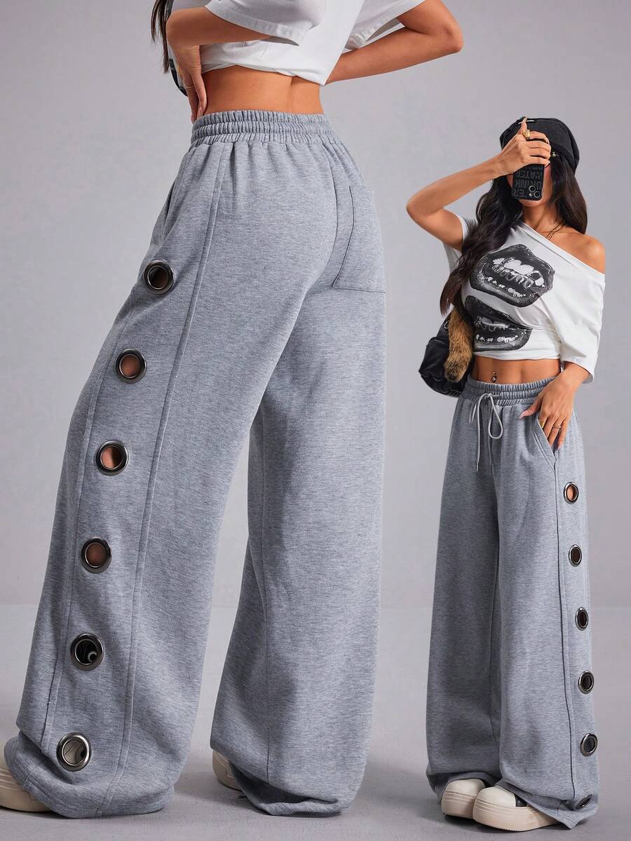 侧边金属孔眼设计性感女裤，适合校园和街头穿着 - 灰色 - 查看 1