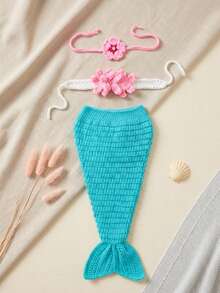 3件套手工钩织美人鱼尾巴服装新生儿摄影道具婴儿派对礼服派对礼物婴儿摄影服装 - 彩色 - 查看 7