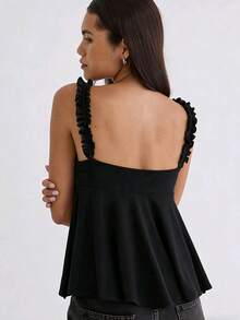 Womens Cami Tops Ruffle Straps V-Neck Backless Solid Summer Flowy Vest For Party Club - Black - View 2