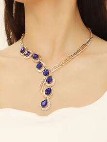 Deep Sea Blue Sapphire Teardrop Necklace | C-List Spotlight Piece, Gold-Plated Rhinestone Blue Sapphire Choker Necklace | High-End Party Centerpiece, Suitable For Festivals, Parties, Banquets, And Holiday Gift-Giving - Gold - View 3