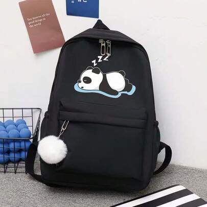 Panda Cute Fashionable And Versatile Heart Butterfly Print Casual Backpack For Students, Perfect For Travel And Commuting, Featuring A Small Ball Pendant., For Teenager,Large-Capacity Multi-Layer Pencil Case,Back To School Supplie Essentials Office Supplies