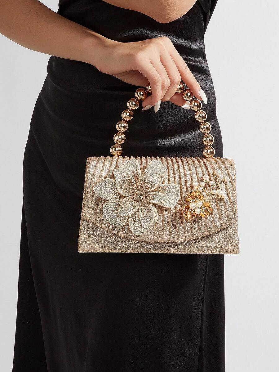 闪亮褶皱晚宴包，饰以水钻花朵和珍珠手柄——婚礼和派对的完美之选 - 金色 - 查看 1