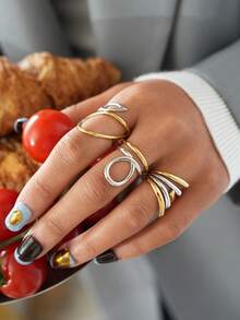 Frminee 3pcs Vintage Minimalist 18K Gold Plated Line Design Stainless Steel Ring Set, Western Women's Jewelry Accessories, Suitable For Women's Daily Wear - Gold and Silver Mixed Color - View 4