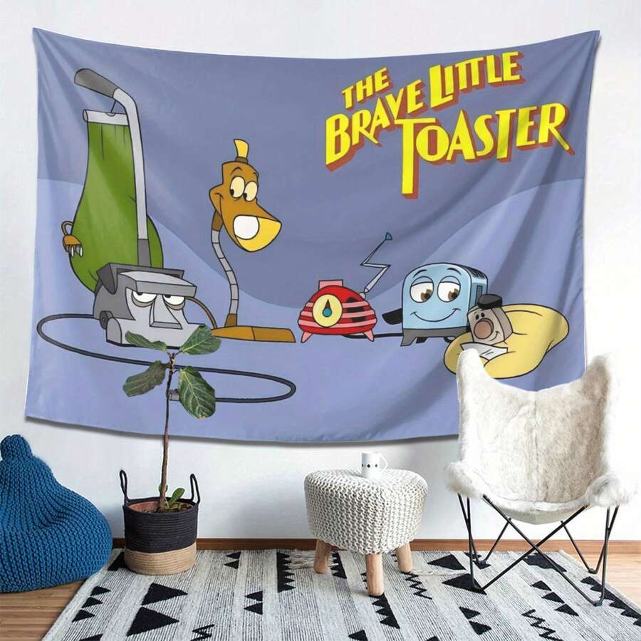 The Brave Little Toaster Tapestry - Vibrant Blue Horizontal Wall Art With Cartoon Characters, Peach Light Beige Fabric, Perfect For Bedroom, Dorm, Or Party Decor - White 1pc - View 1